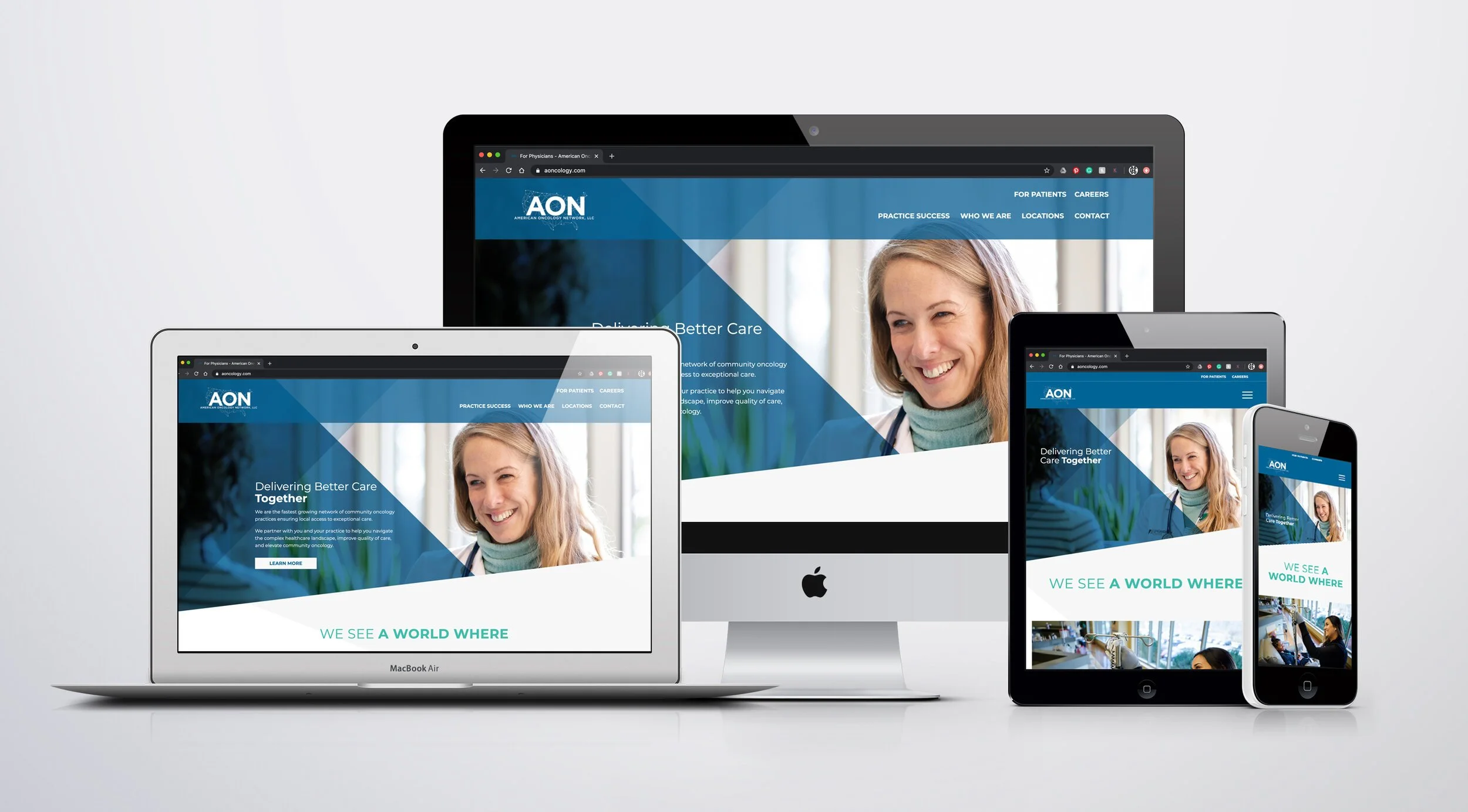 American Oncology Network responsive website across desktop, laptop, tablet, and mobile