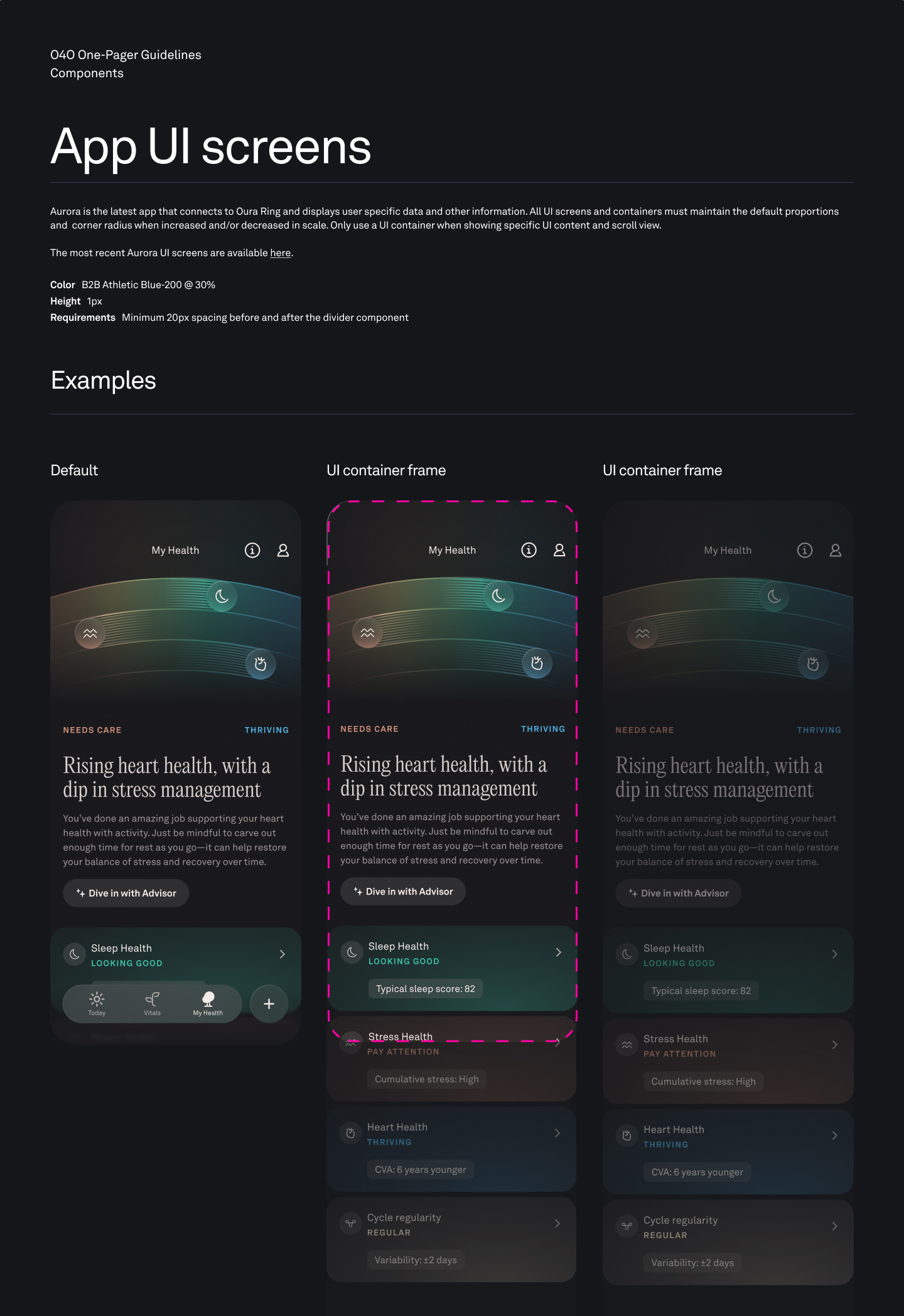 Rules for preparing Oura app UI in collateral