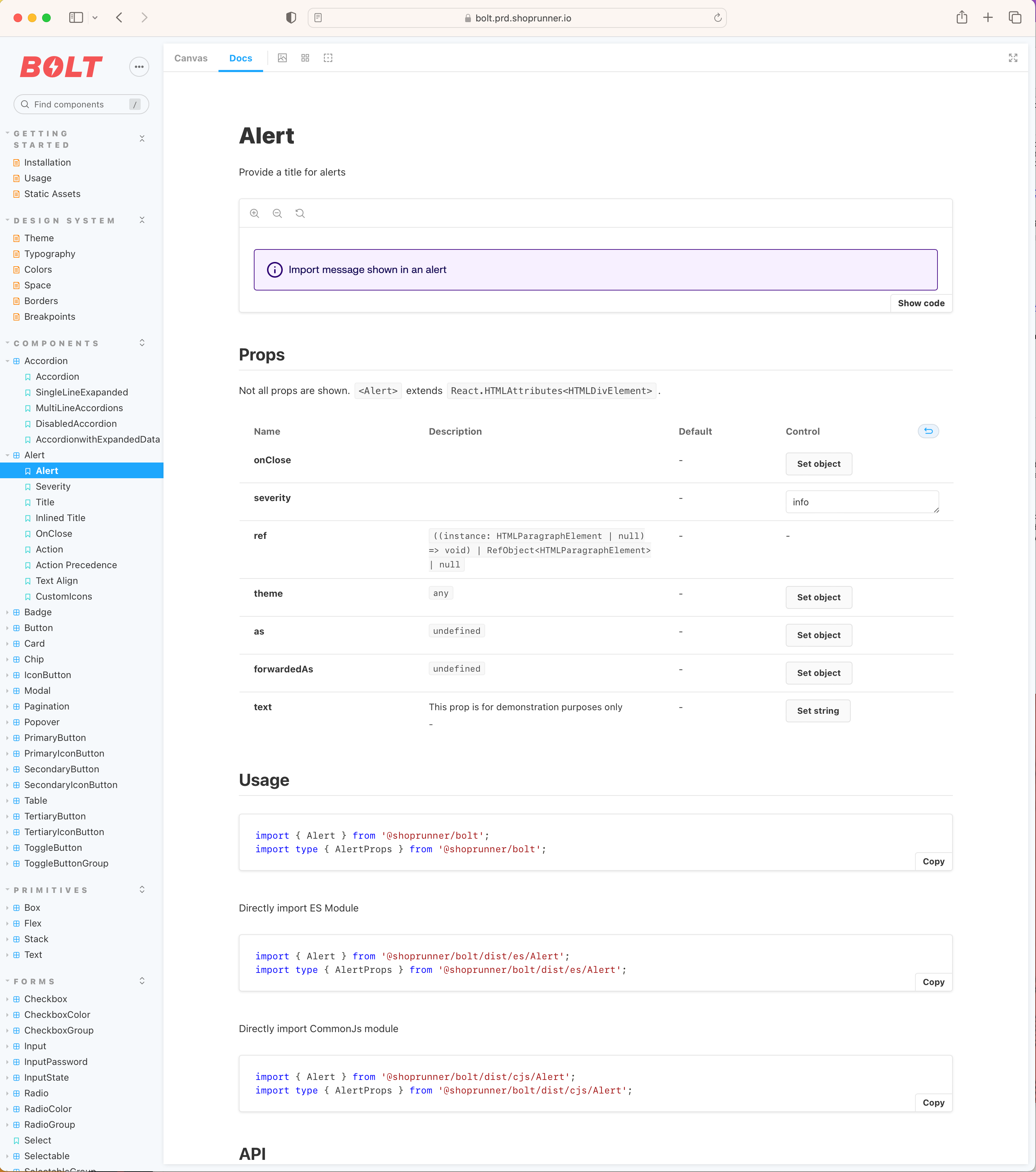 Bolt alert component documented in Storybook